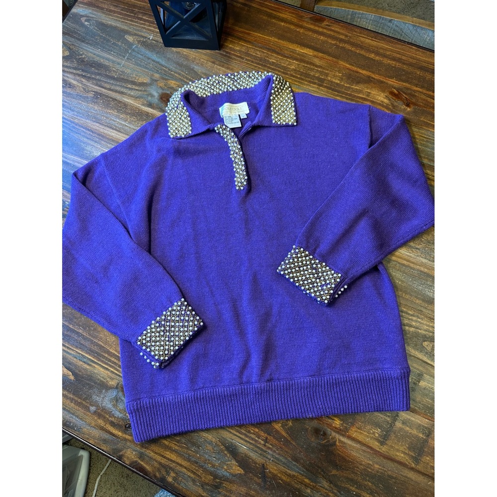 Maurada‎ Vintage Sweater Purple Glam Beaded Collar & Cuffs Women's Large